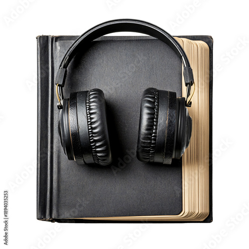 Professional black headphones lying on a closed dark book. Audiobook and sound recording clipart isolated on transparent background for academic and technology designs.