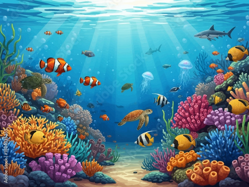 Bild auf Leinwand Vibrant Underwater Scene with Coral and Fish.