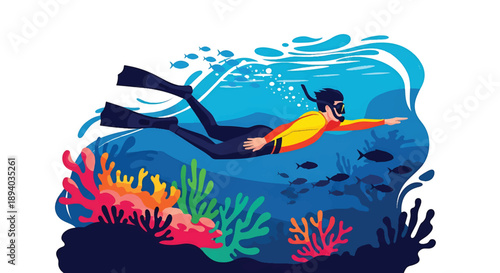 Young man diving underwater with fins, modern vector illustration expressing marine exploration, curiosity, freedom, and adventurous travel lifestyle