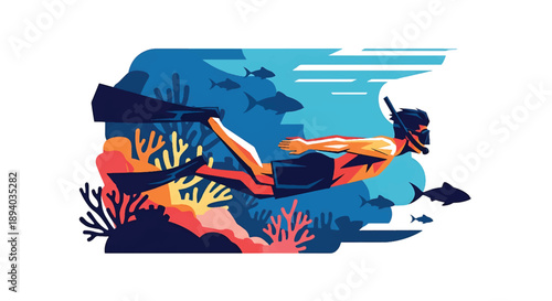 Young man diving underwater with fins, modern vector illustration expressing marine exploration, curiosity, freedom, and adventurous travel lifestyle