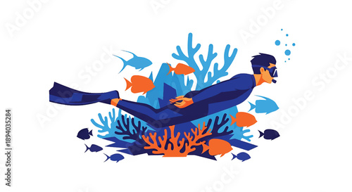 Young man diving underwater with fins, modern vector illustration expressing marine exploration, curiosity, freedom, and adventurous travel lifestyle