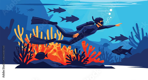 Young man diving underwater with fins, modern vector illustration expressing marine exploration, curiosity, freedom, and adventurous travel lifestyle