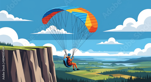 Young man paragliding over dramatic cliffs, modern vector illustration representing freedom, flight, courage, and extreme travel adventure