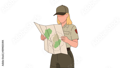 Park Ranger Examining Map in Nature, Vector Illustration Style, Outdoor Recreation and Exploration Theme
