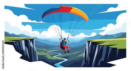 Young man paragliding over dramatic cliffs, modern vector illustration representing freedom, flight, courage, and extreme travel adventure
