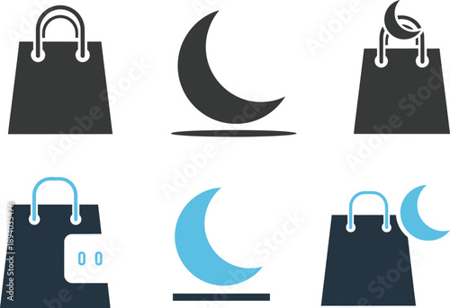 Night Shopping Delight Collection of Crescent Moon and Shopping Bag Icons for E-commerce and Mobile App Design