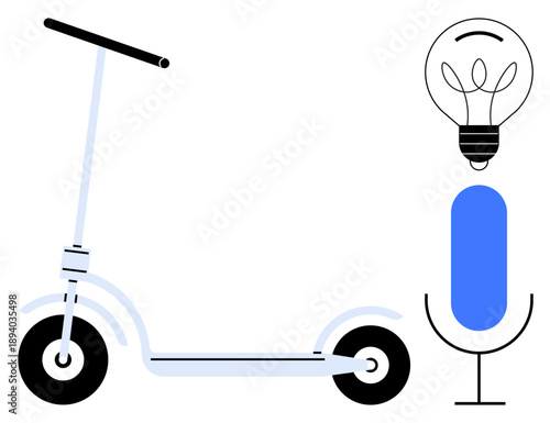 Innovation, sustainable tech, mic recording, eco-transport, creative energy, podcasting tools. Minimalist electric scooter, microphone icon light bulb illustration. Innovation and sustainable tech