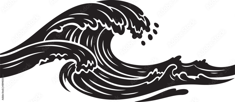 Fototapeta premium Black and White Ocean Wave Graphic Illustration Design Element