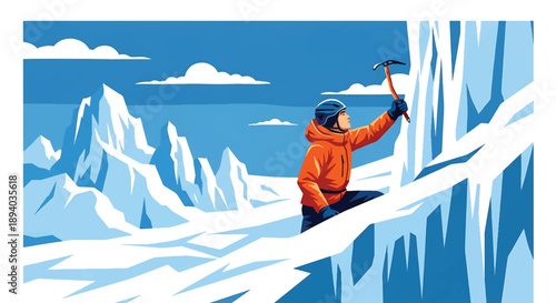 Young man ice climbing frozen terrain with ice axe, modern vector illustration showing extreme cold adventure, resilience, and survival strength