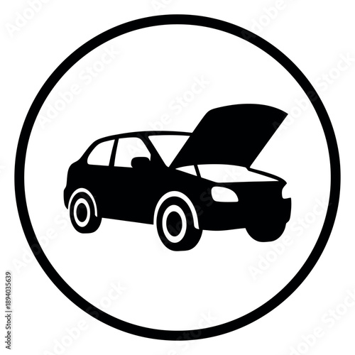 Car with its hood open, symbolizing automotive repair, service, or roadside assistance icon