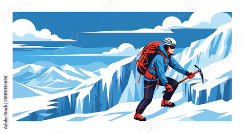Young man ice climbing frozen terrain with ice axe, modern vector illustration showing extreme cold adventure, resilience, and survival strength