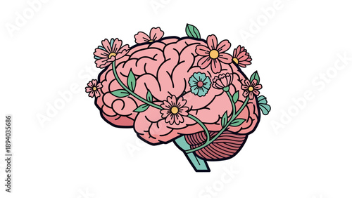 Pink Brain with Flowers Vector Illustration, Mental Health and Creativity Concept, Medical and Wellness Graphic Design