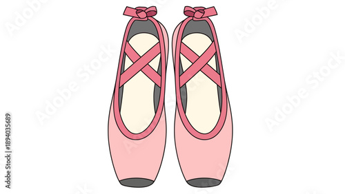 Pink Ballet Pointe Shoes Vector Illustration with Ribbons and Bows, Isolated on White Background, Dance Studio or Performance Concept