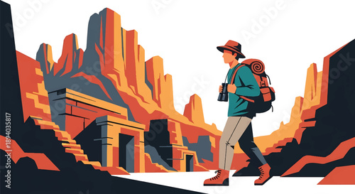 Young man exploring ancient ruins in a remote landscape, modern vector illustration representing discovery, history, and adventurous exploration spirit
