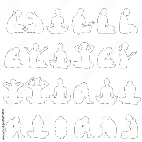 Set of 36 people line art figures in calm meditation and yoga poses: sitting cross-legged, breathing exercises, mindfulness positions, prayer gestures and relaxed body postures. 