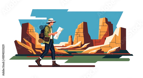 Young man exploring ancient ruins in a remote landscape, modern vector illustration representing discovery, history, and adventurous exploration spirit