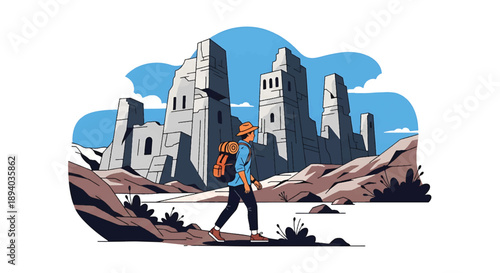 Young man exploring ancient ruins in a remote landscape, modern vector illustration representing discovery, history, and adventurous exploration spirit
