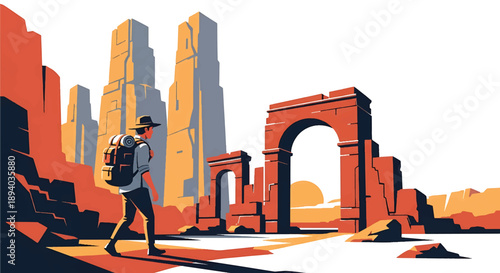 Young man exploring ancient ruins in a remote landscape, modern vector illustration representing discovery, history, and adventurous exploration spirit