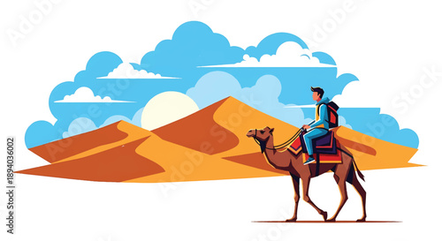 Young man riding a camel across desert dunes, modern vector illustration symbolizing endurance, cultural travel, and global adventure lifestyle