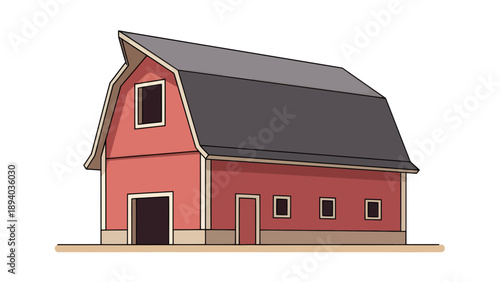 Red Barn Vector Illustration in a Rustic Farm Scene, Agricultural Building Graphic for Countryside Themes and Rural Design