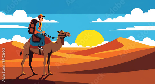 Young man riding a camel across desert dunes, modern vector illustration symbolizing endurance, cultural travel, and global adventure lifestyle