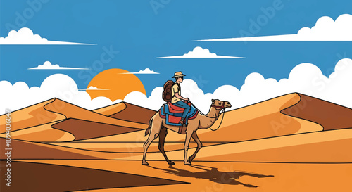 Young man riding a camel across desert dunes, modern vector illustration symbolizing endurance, cultural travel, and global adventure lifestyle