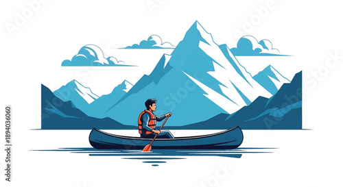 Young man paddling a canoe across a calm mountain lake, modern vector illustration expressing solitude, endurance, focus, and adventurous outdoor travel lifestyle