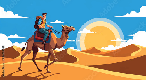 Young man riding a camel across desert dunes, modern vector illustration symbolizing endurance, cultural travel, and global adventure lifestyle