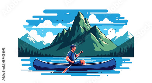 Young man paddling a canoe across a calm mountain lake, modern vector illustration expressing solitude, endurance, focus, and adventurous outdoor travel lifestyle