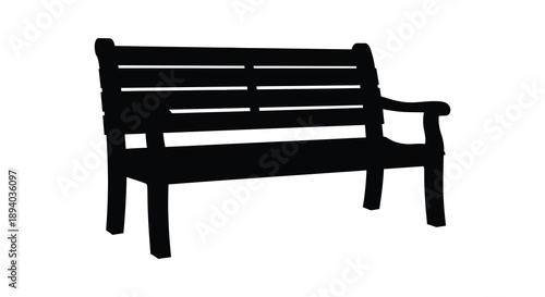 A stark black silhouette of a classic wooden park bench against a plain white background offering a simple form silhouette