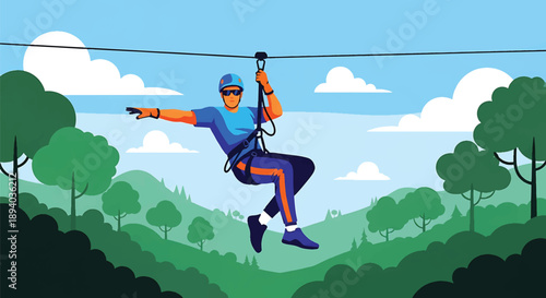 Young man ziplining across a deep forest valley, modern vector illustration highlighting speed, adrenaline, courage, and extreme outdoor adventure experience