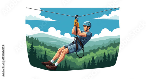 Young man ziplining across a deep forest valley, modern vector illustration highlighting speed, adrenaline, courage, and extreme outdoor adventure experience