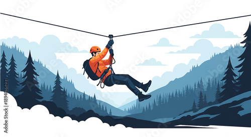 Young man ziplining across a deep forest valley, modern vector illustration highlighting speed, adrenaline, courage, and extreme outdoor adventure experience