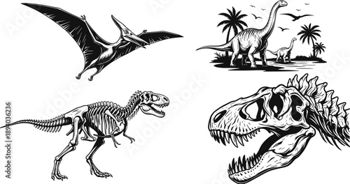 Hand Drawn Vector Set of Prehistoric Dinosaur Illustrations Including Pterodactyl, Sauropod Landscape, T-Rex Skeleton and Fossil Skull Sketch