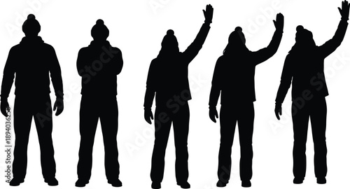 Silhouettes of people raising hands in sequence, human gestures and body language concept isolated on white background illustration design set