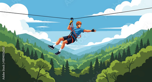 Young man ziplining across a deep forest valley, modern vector illustration highlighting speed, adrenaline, courage, and extreme outdoor adventure experience