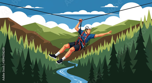 Young man ziplining across a deep forest valley, modern vector illustration highlighting speed, adrenaline, courage, and extreme outdoor adventure experience