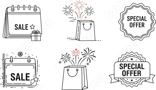 Set of flat icons representing sales and special offers with calendar and shopping bag motifs, perfect for marketing and promotion