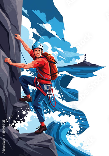Young man climbing a steep coastal cliff near a lighthouse, modern vector illustration showing courage, risk, and rugged seaside adventure lifestyle