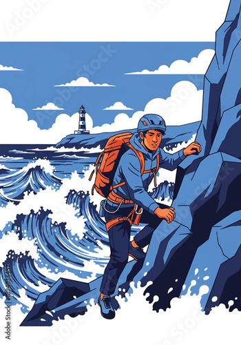 Young man climbing a steep coastal cliff near a lighthouse, modern vector illustration showing courage, risk, and rugged seaside adventure lifestyle