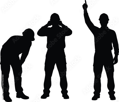 Three construction worker silhouettes in hard hats showing fatigue covering ears and signaling upward, occupational safety communication gestures on white background vector