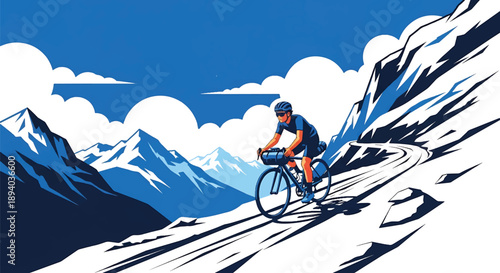 Young man cycling through a high mountain pass, modern vector illustration highlighting endurance sport, determination, and adventurous travel lifestyle