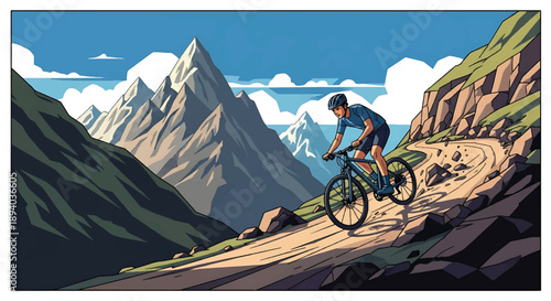 Young man cycling through a high mountain pass, modern vector illustration highlighting endurance sport, determination, and adventurous travel lifestyle