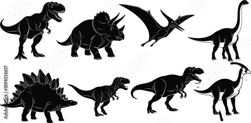 Set of Black Dinosaur Silhouettes Vector Illustration Featuring T-Rex Triceratops Stegosaurus and Pterodactyl for Prehistoric Design Projects
