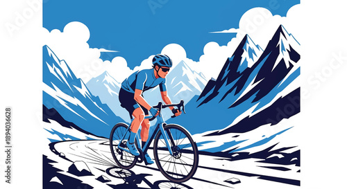 Young man cycling through a high mountain pass, modern vector illustration highlighting endurance sport, determination, and adventurous travel lifestyle