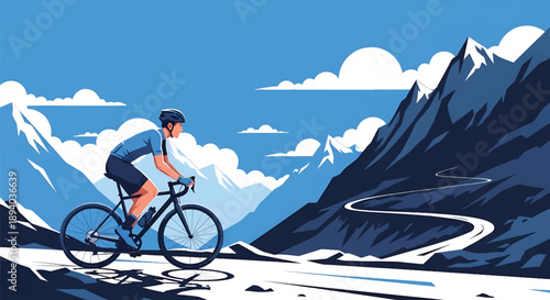 Young man cycling through a high mountain pass, modern vector illustration highlighting endurance sport, determination, and adventurous travel lifestyle