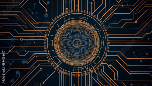 Futuristic circuit board design with intricate golden pathways