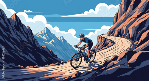 Young man cycling through a high mountain pass, modern vector illustration highlighting endurance sport, determination, and adventurous travel lifestyle