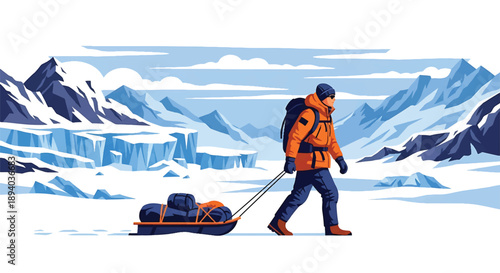Young man trekking across a frozen polar landscape, modern vector illustration symbolizing isolation, survival strength, resilience, and extreme adventure spirit