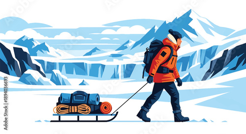 Young man trekking across a frozen polar landscape, modern vector illustration symbolizing isolation, survival strength, resilience, and extreme adventure spirit